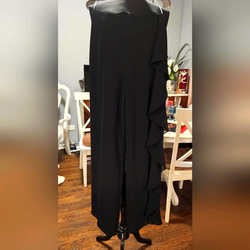 JS Boutique Designer Black Pants, Sz 8, Lined, Left Side Flowing Ruffles, Bk Zip